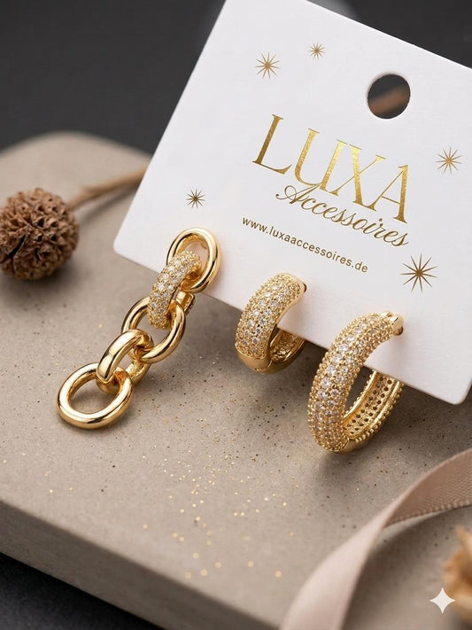 Vergoldet 14K - LUXA 3er Set - Creolen & Gliederohrring Gold