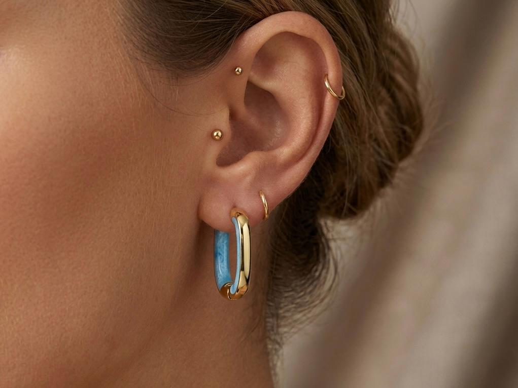 Vergoldet 14K - Ohrring Aqua-Emaille Creolen